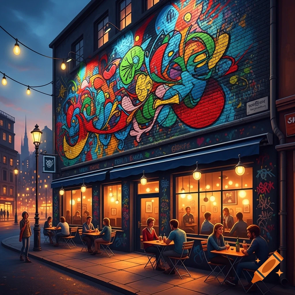 An evening street scene with a cafe, its wall covered in vibrant graffiti, and patrons dining outside under string lights.