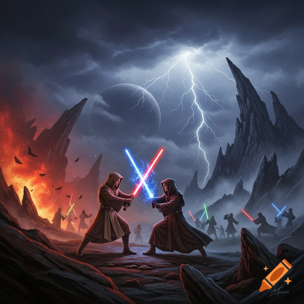 Two robed figures with red and blue lightsabers duel in a stormy, rocky landscape with lightning. Other fighters and a distant planet are visible.