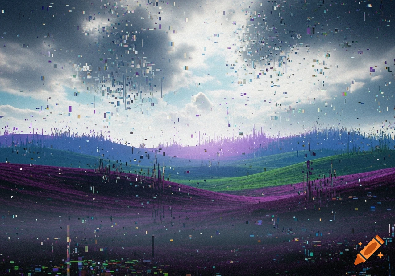 A vibrant digital landscape of rolling purple, green, and blue hills under a cloudy sky, heavily corrupted with numerous pixelated glitches.
