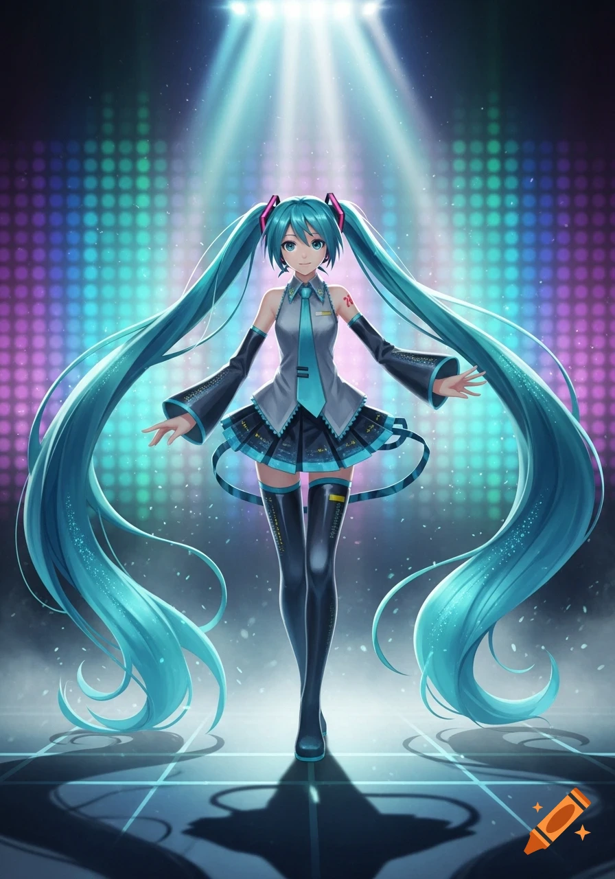 Hatsune Miku, a blue-haired anime character, stands on a stage bathed in bright spotlights and vibrant light panels.