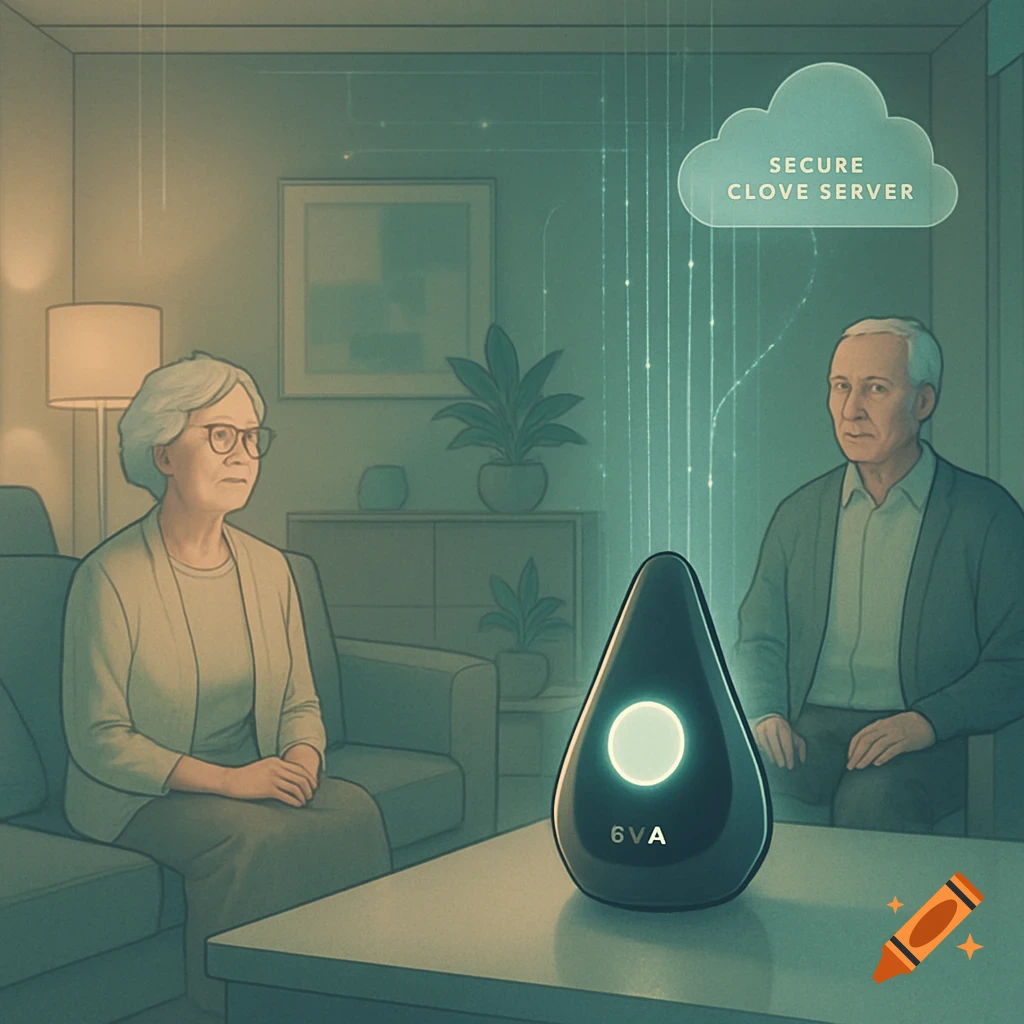 An elderly couple sits in a living room, observing a black smart home device connected to a secure cloud server by glowing lines.