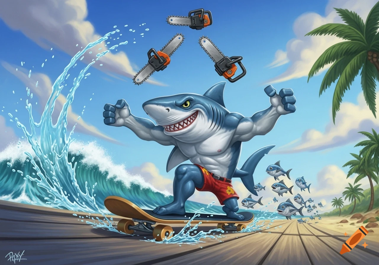 A muscular cartoon shark in red shorts skateboards on a boardwalk, juggling chainsaws as water splashes; beach and palm trees in background.