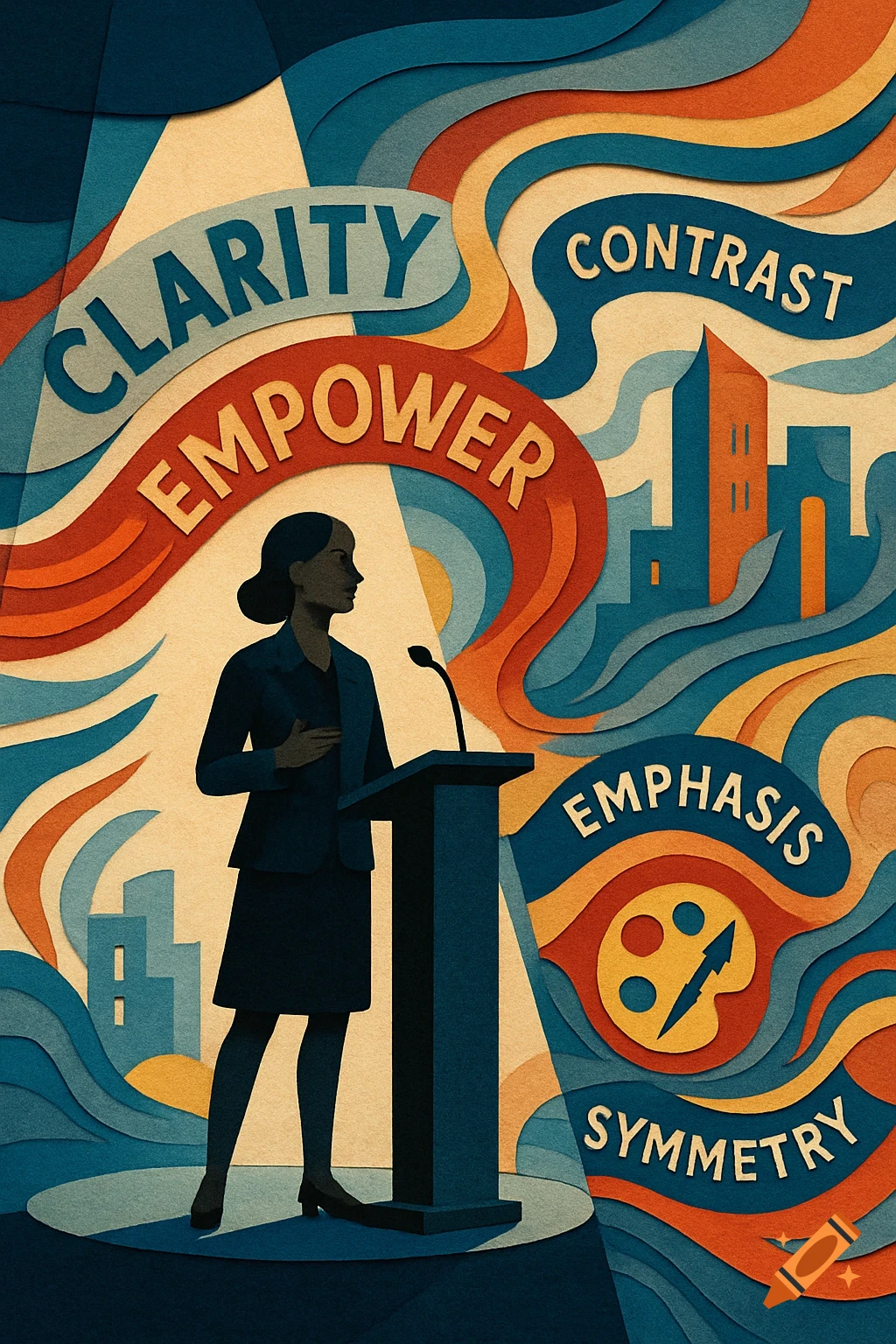 A woman speaks at a podium in a vibrant paper-cutout style illustration, surrounded by abstract shapes and the words CLARITY, EMPOWER, CONTRAST, EMPHASIS, SYMMETRY.