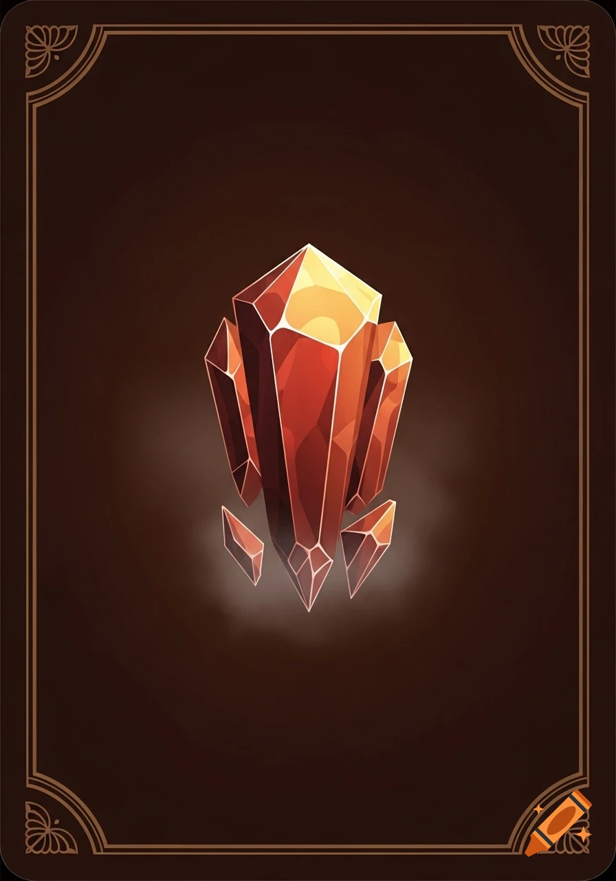 A stylized, glowing, multifaceted red and orange crystal emblem on a deep warm brown card back with an ornate gold border.