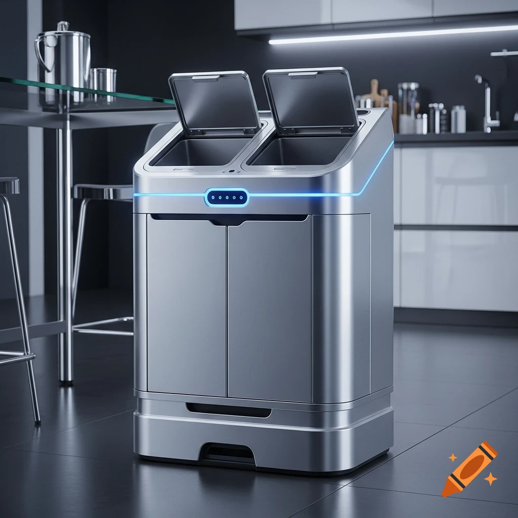 A sleek, silver, dual-compartment robotic trash can with glowing blue lights in a modern kitchen.