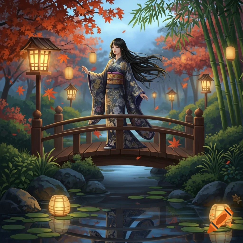 An anime woman in a dark floral kimono stands on a wooden bridge in an autumn Japanese garden with red maple leaves, bamboo, and glowing lanterns.