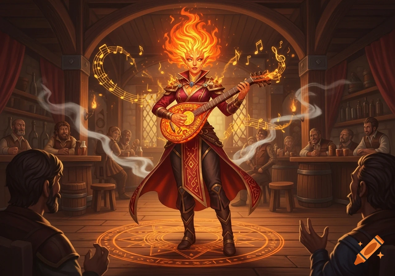 A female fire genasi bard with flaming hair plays a stringed instrument, surrounded by glowing musical notes and a magical circle, entertaining patrons in a rustic tavern.