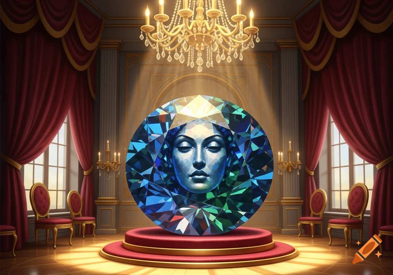 A multifaceted blue-green gem with a sculpted female face, displayed on a red pedestal in an opulent, candlelit room.