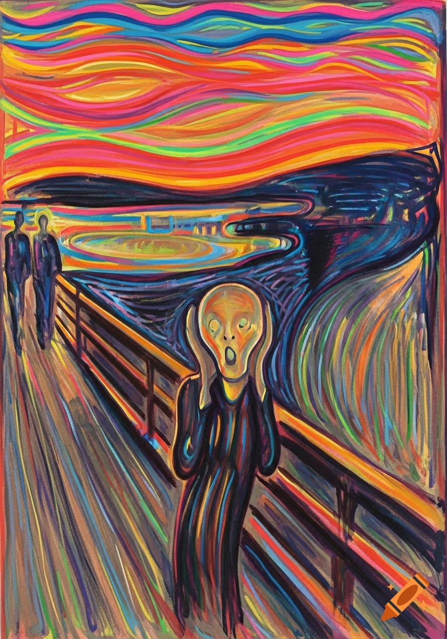 Psychedelic painting of a screaming figure on a bridge with a vibrant, swirling sky, inspired by Edvard Munch's The Scream.
