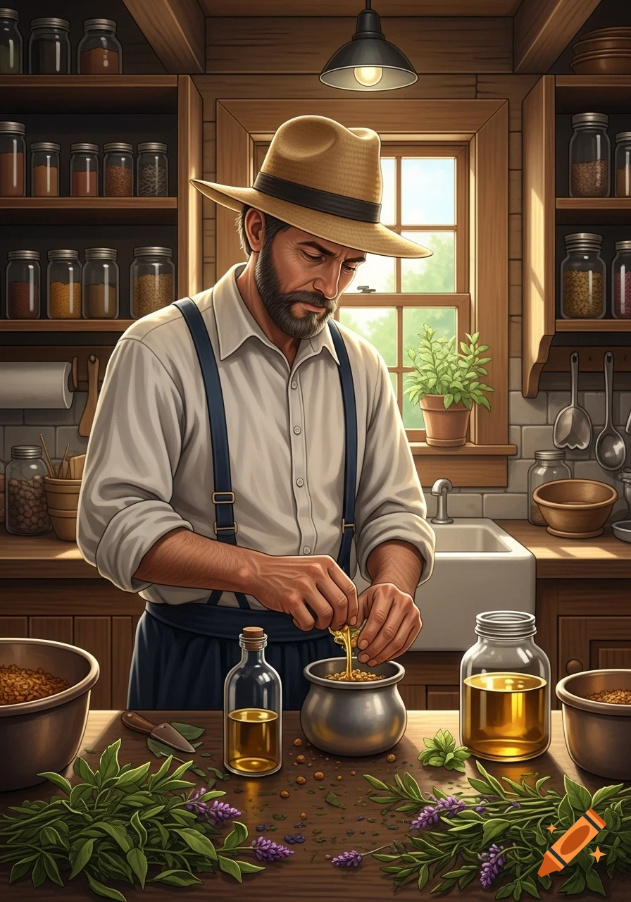 A bearded man in a straw hat and suspenders making oil with herbs in a rustic kitchen.