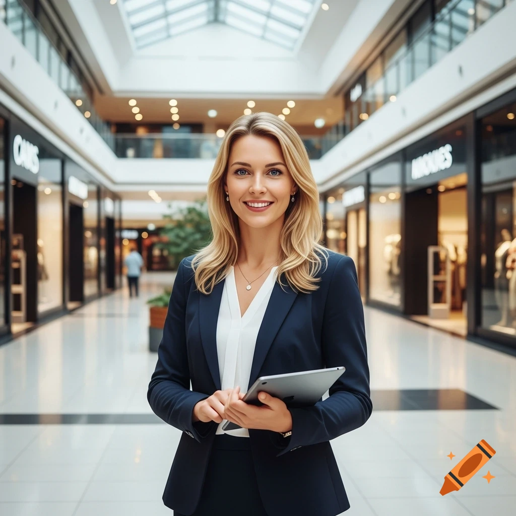 A smiling blonde businesswoman in a navy suit holds a tablet in a brightly lit shopping mall, with blurred store fronts behind her.