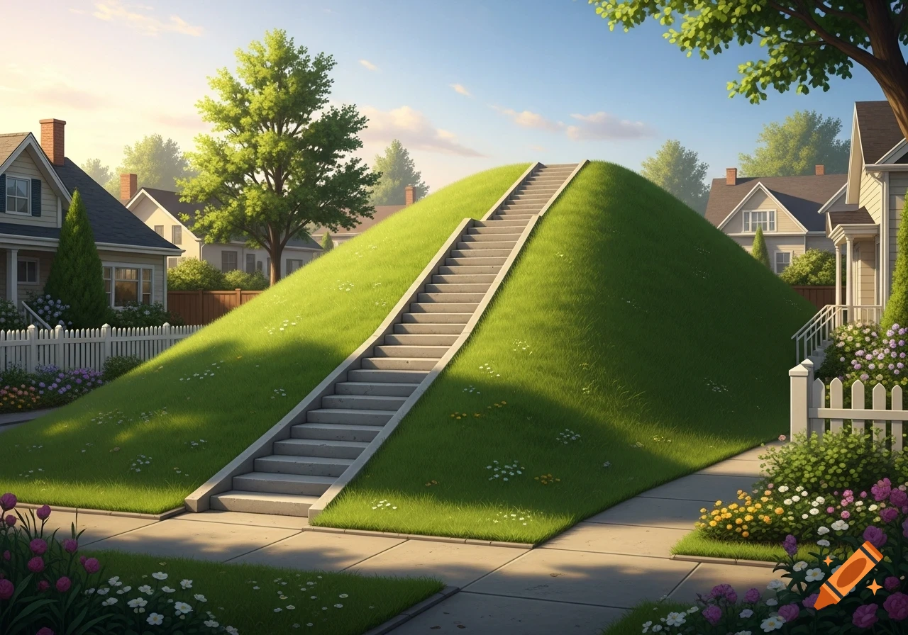 A large, steep grassy hill with a long concrete staircase ascending its side in a sunny residential neighborhood.