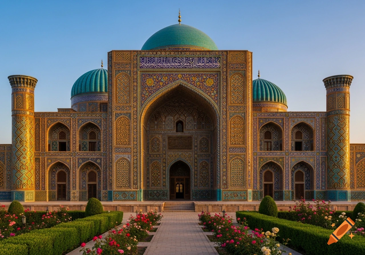 A grand ornate Persian building with blue domes and intricate mosaic patterns stands behind a formal garden with a pathway and blooming roses under a clear sky.