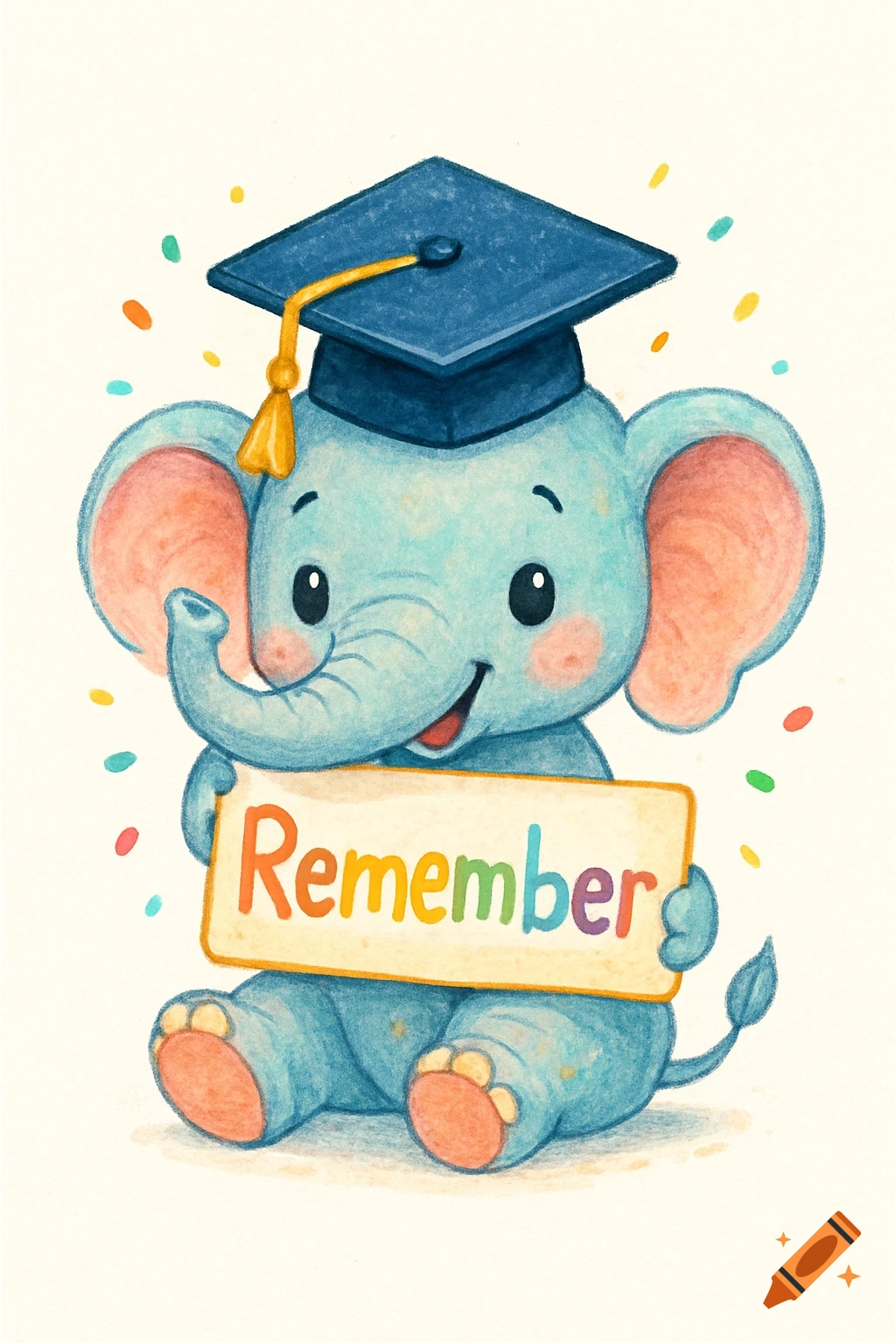 A happy cartoon elephant wearing a blue graduation cap and holding a sign that says 'Remember' with colorful confetti.