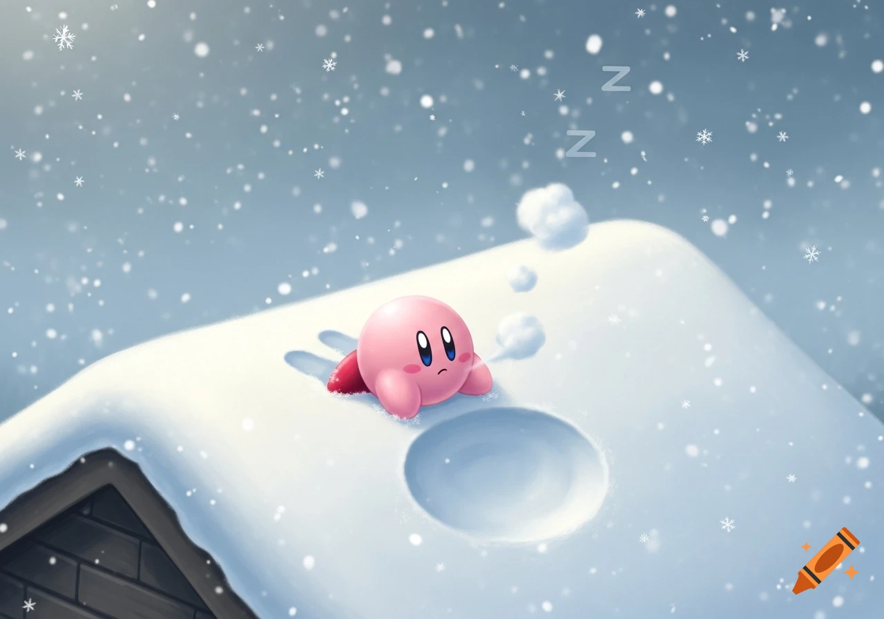 Kirby, a pink spherical character, sleeps on a snowy rooftop as snowflakes fall, with "Z Z" symbols above him and small breath clouds.