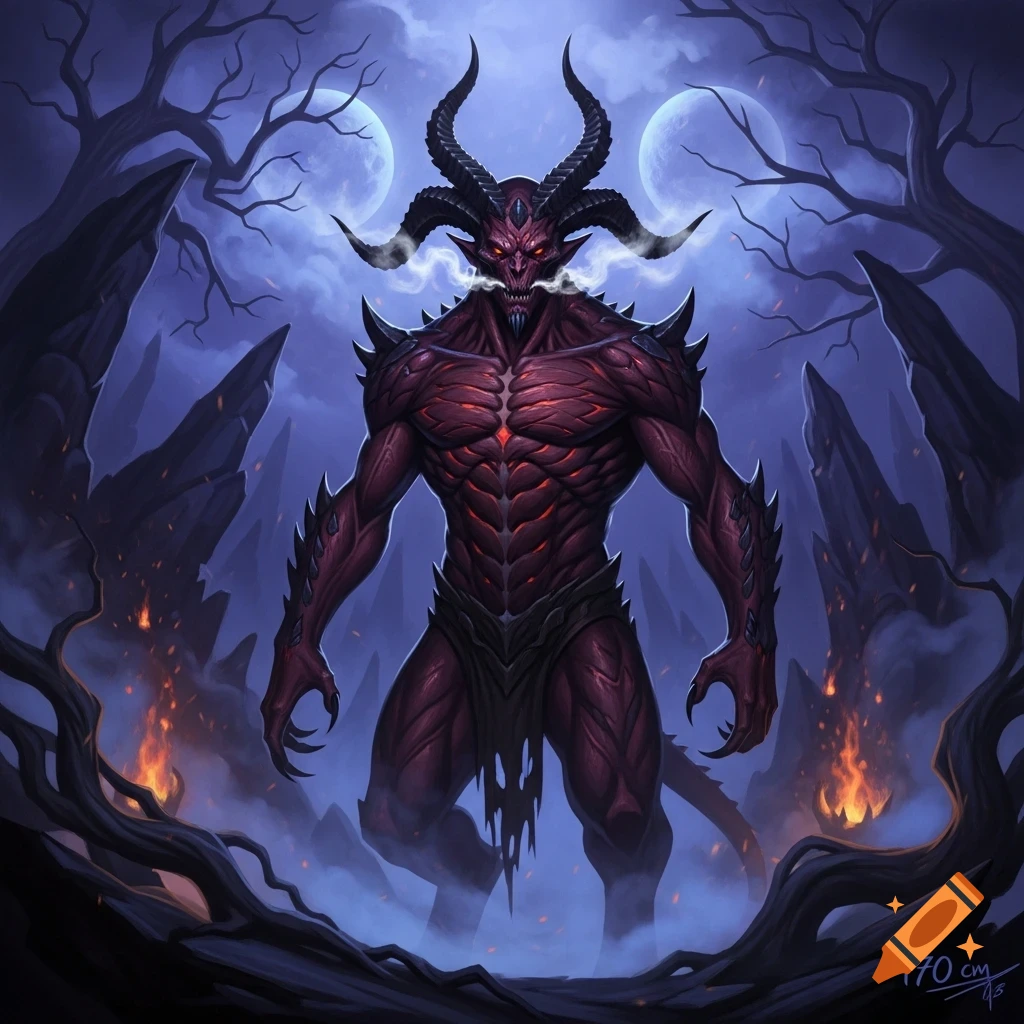 A powerful, muscular red demon with large horns and glowing eyes stands in a dark, gnarled forest under two moons, digital art.