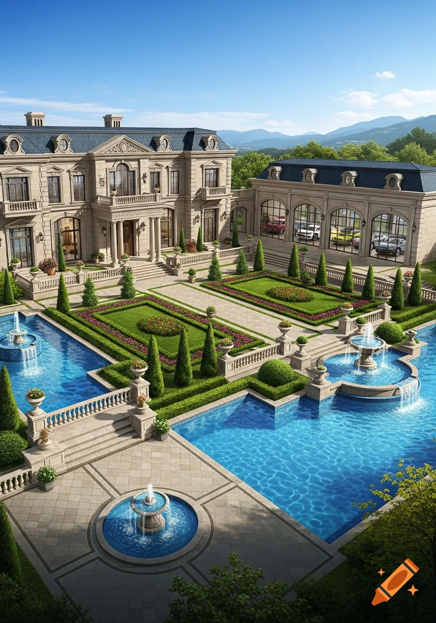 Photorealistic rendering of a grand stone mansion with formal gardens, multiple pools, and a large garage of luxury cars.