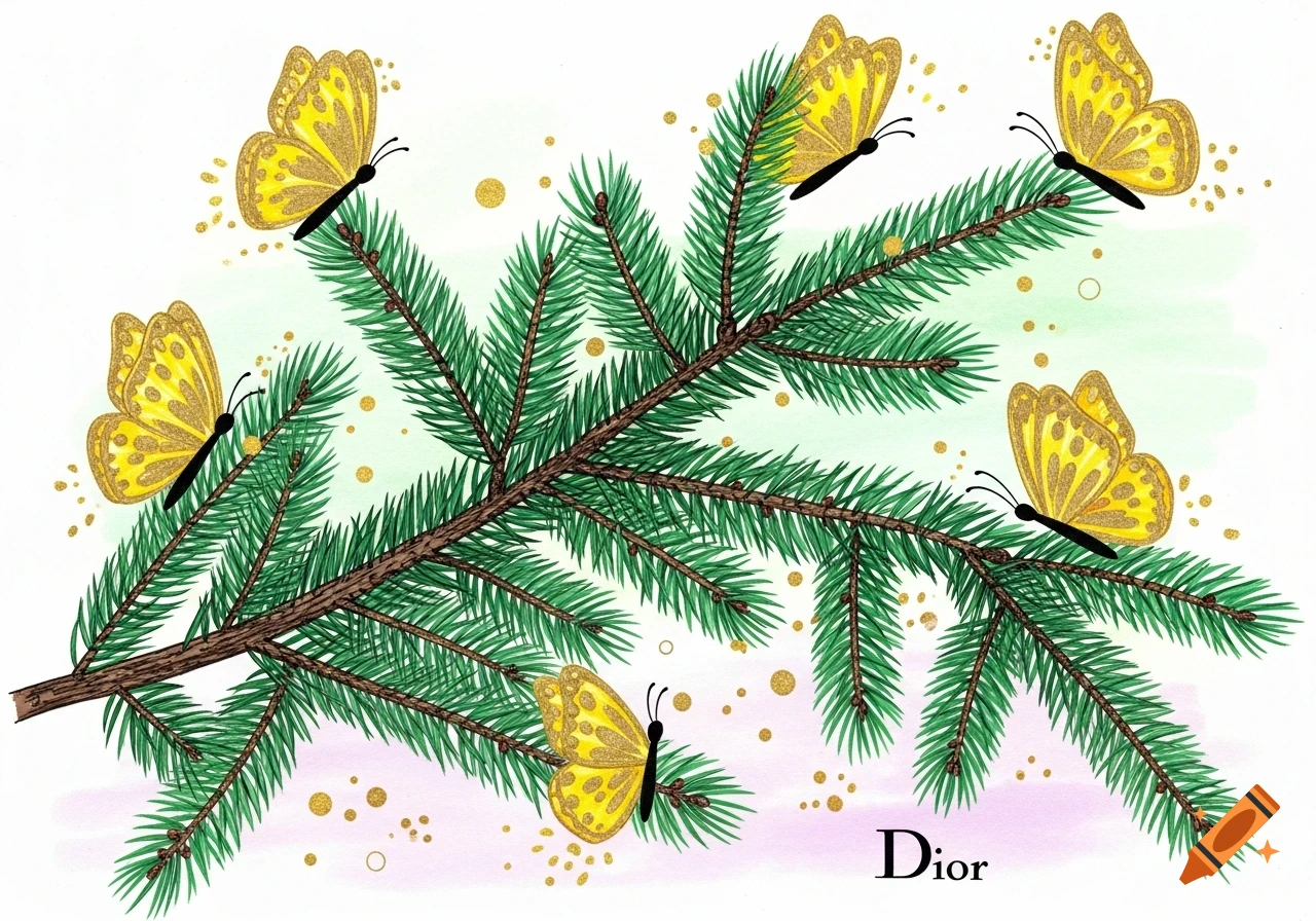 Child-like illustration of spruce branches with five gold glitter butterflies and scattered dots. 'Dior' text visible.