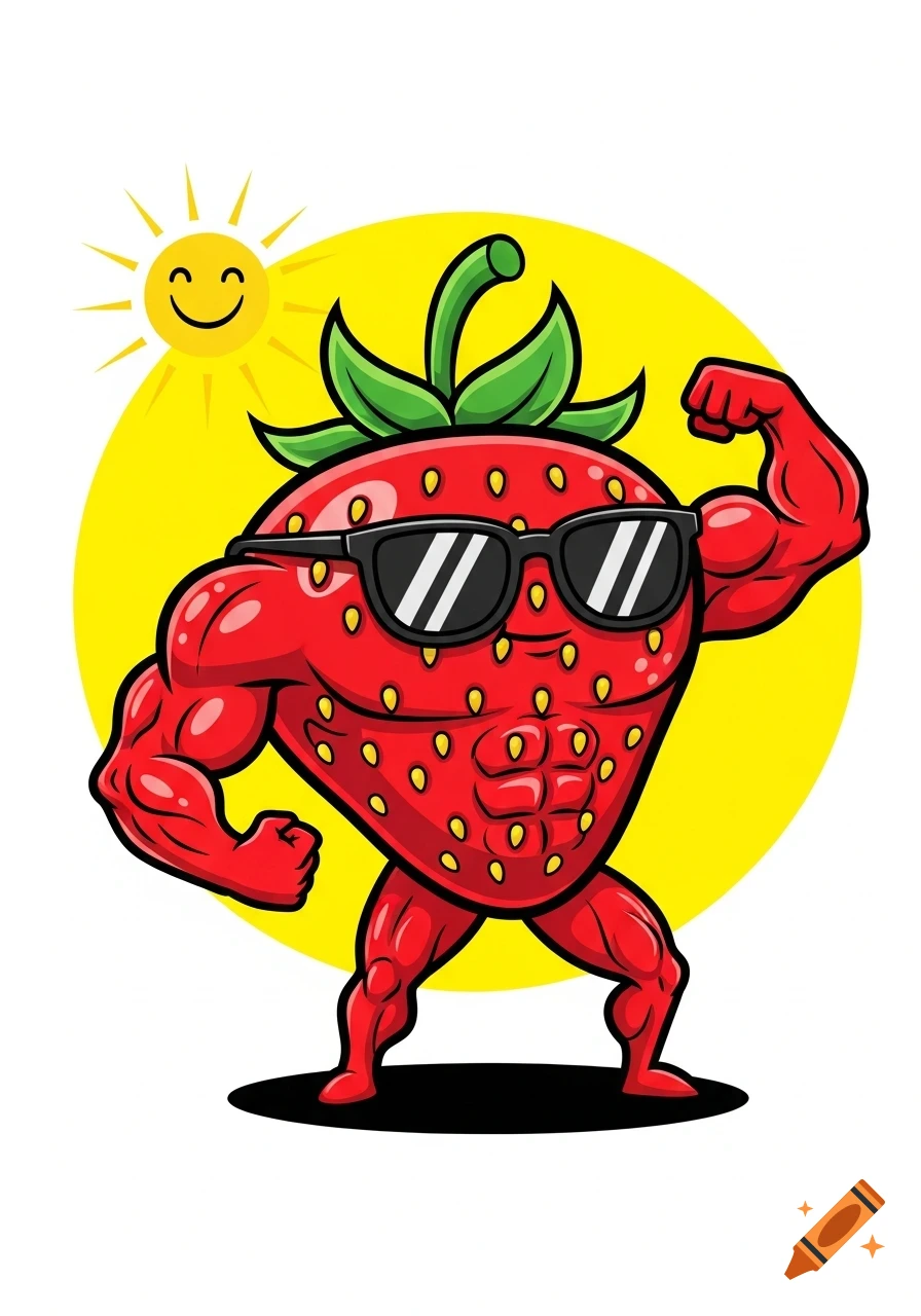A cartoon muscular strawberry wearing sunglasses flexes its arm in front of a smiling sun on a yellow background.