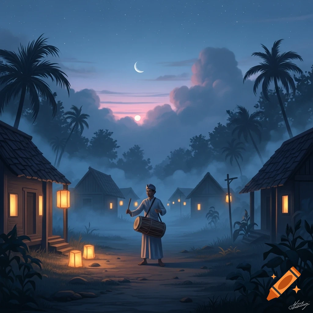 A man plays a drum while walking down a misty path in a village with glowing lanterns under a moonlit twilight sky.