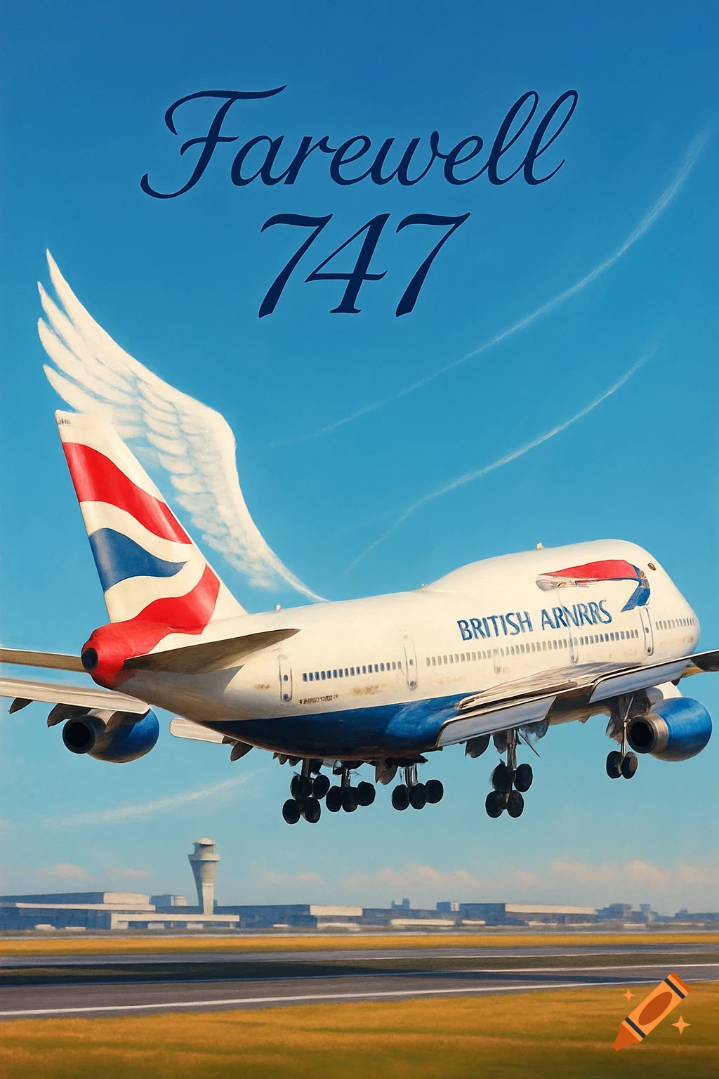 A blue-sky poster art features a British Airways Boeing 747 taking off from an airport runway, with angel wings on its tail and "Farewell 747" text.