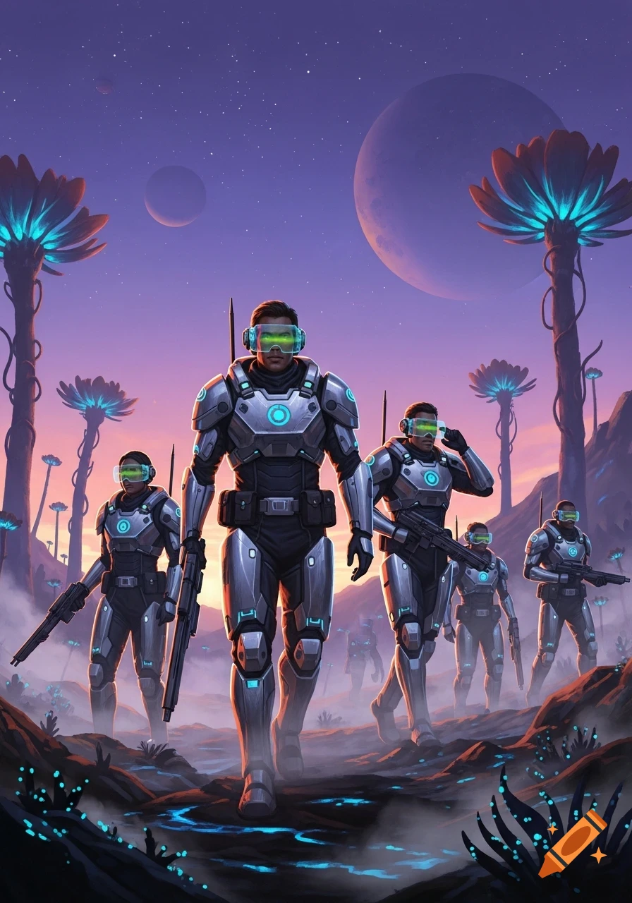 Armored sci-fi soldiers with glowing visors walk on an alien planet ...