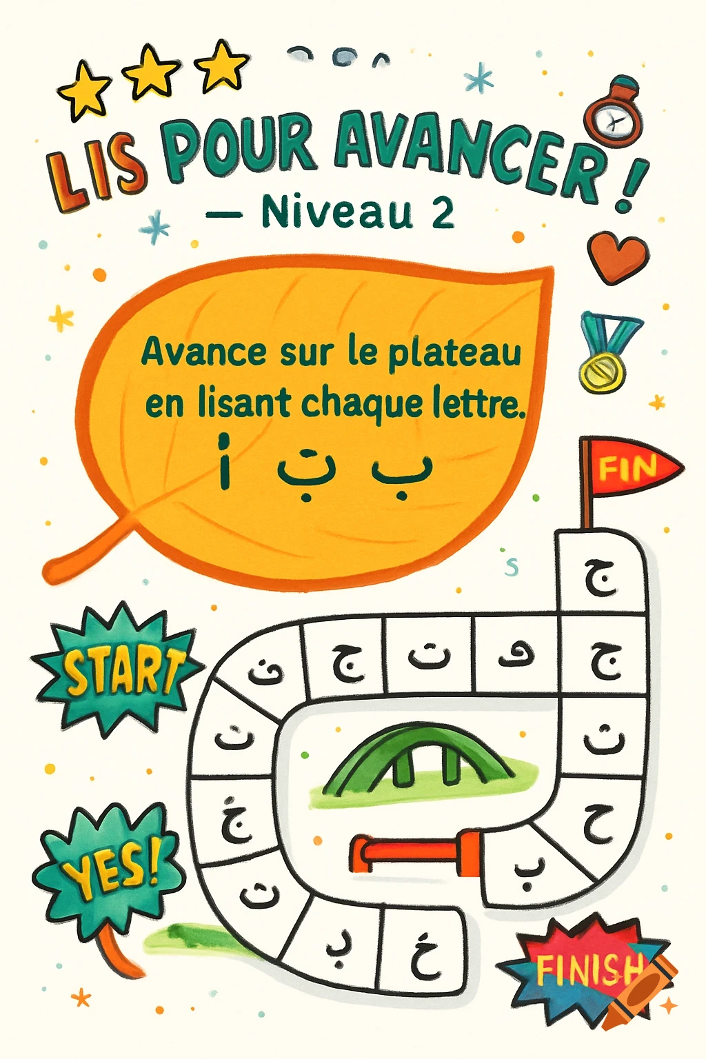Colorful cartoon-style educational game board featuring a winding path with Arabic letters in each square. The title reads 'LIS POUR AVANCER ! - Niveau 2' (Read to Advance! - Level 2) with stars, a clock, a heart, and a medal. Instructions in French are on a large orange leaf. 'START' and 'FINISH' signs are present along with a 'YES!' square, a green bridge, and a red barrier.