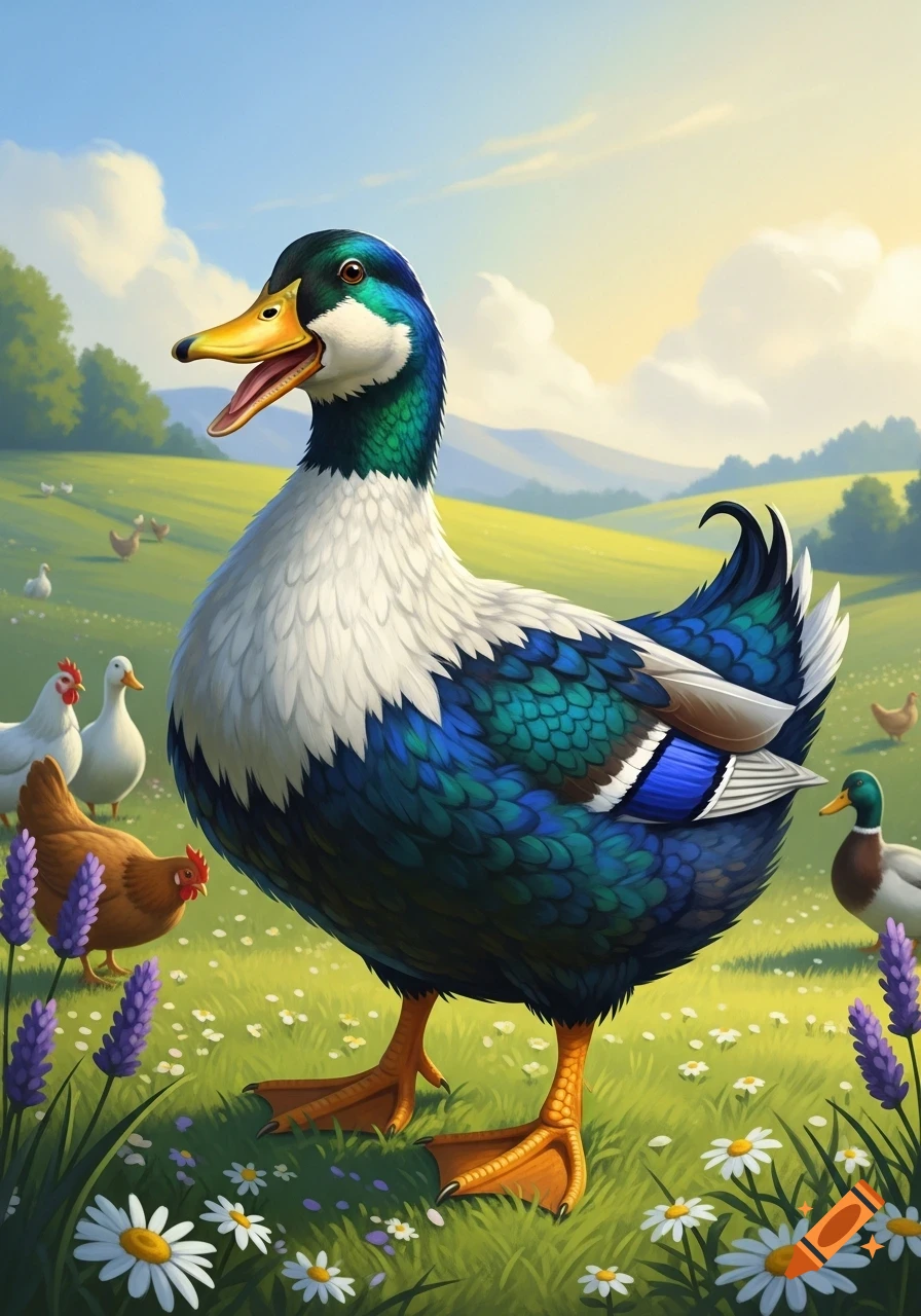 A vibrant, smiling mallard duck stands in a grassy field with daisies, lavender, chickens, and other ducks under a sunny sky.