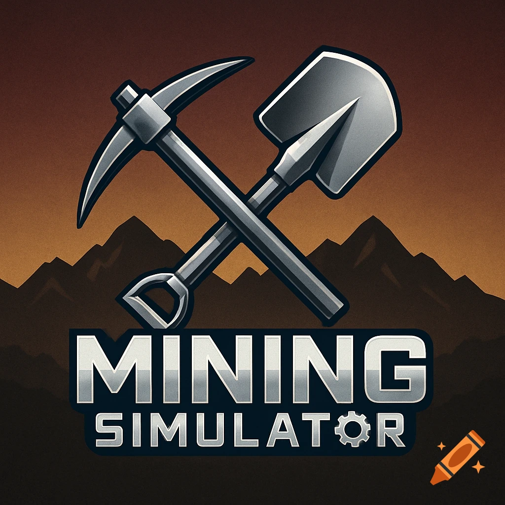 A stylized logo for 'Mining Simulator' with a crossed pickaxe and shovel over a dark mountain landscape.