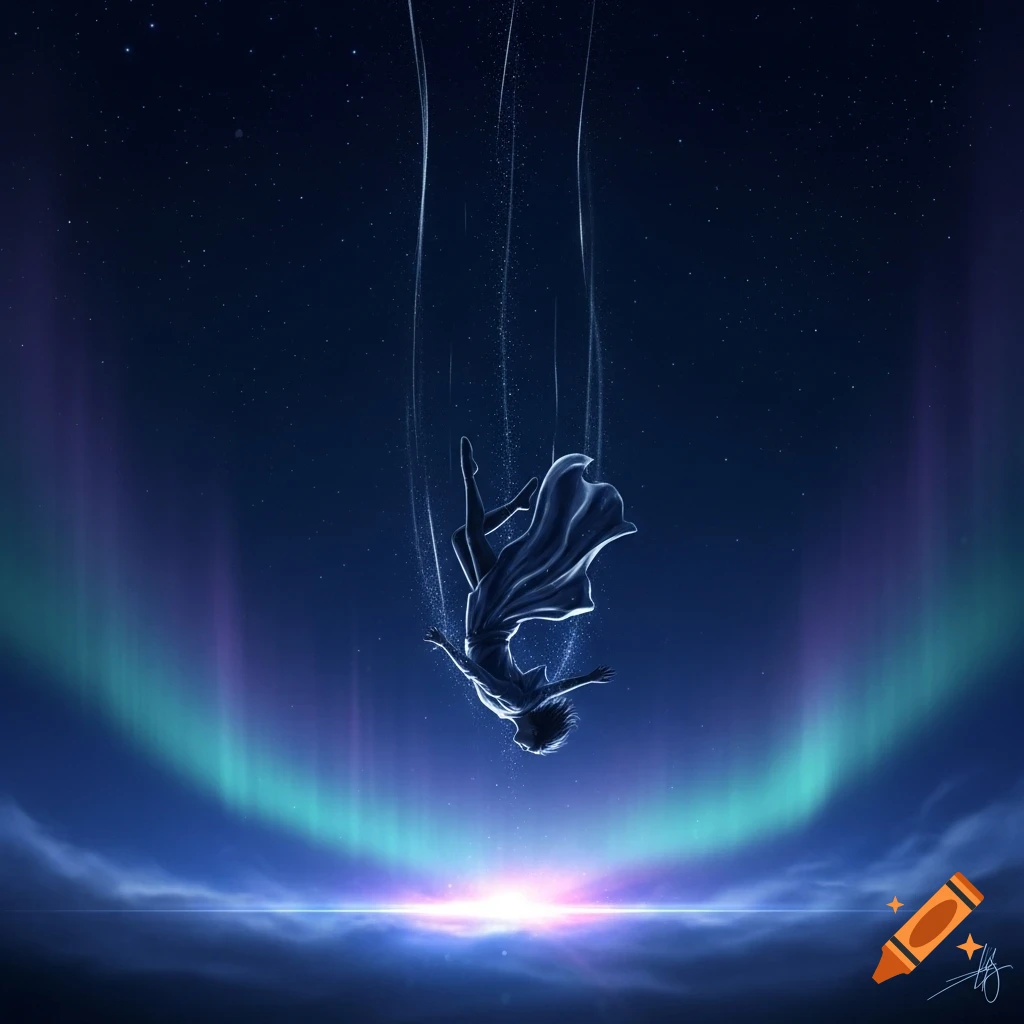 A silhouetted figure falls through a cosmic night sky with glowing aurora and a bright horizon, rendered in digital art.