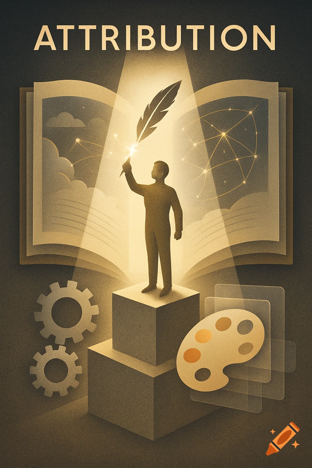 Conceptual art piece showing a silhouette figure holding a glowing quill, an open book, gears, and a paint palette, with the word 'ATTRIBUTION' above, in a gold and dark style.