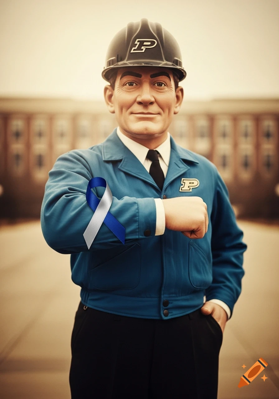 Vintage Purdue Pete mascot in blue jacket, hardhat, with a 'P' logo, wearing a blue and white colon cancer ribbon.