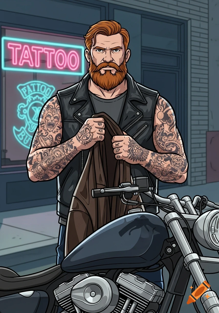 A bearded, tattooed biker in a leather vest stands by his motorcycle in front of a neon tattoo shop, in a graphic novel style.
