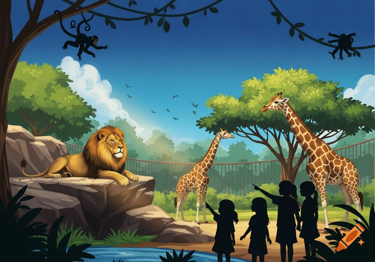 Cartoon illustration of children looking at a lion and giraffes in a zoo with monkeys in trees.