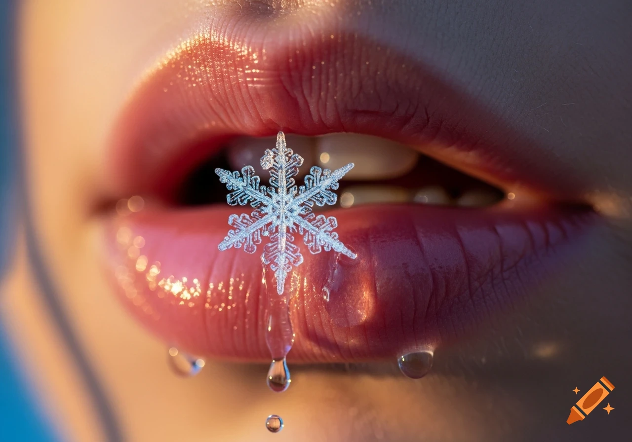 Close-up of glossy pink lips with a detailed snowflake melting on them, causing water droplets to run down.