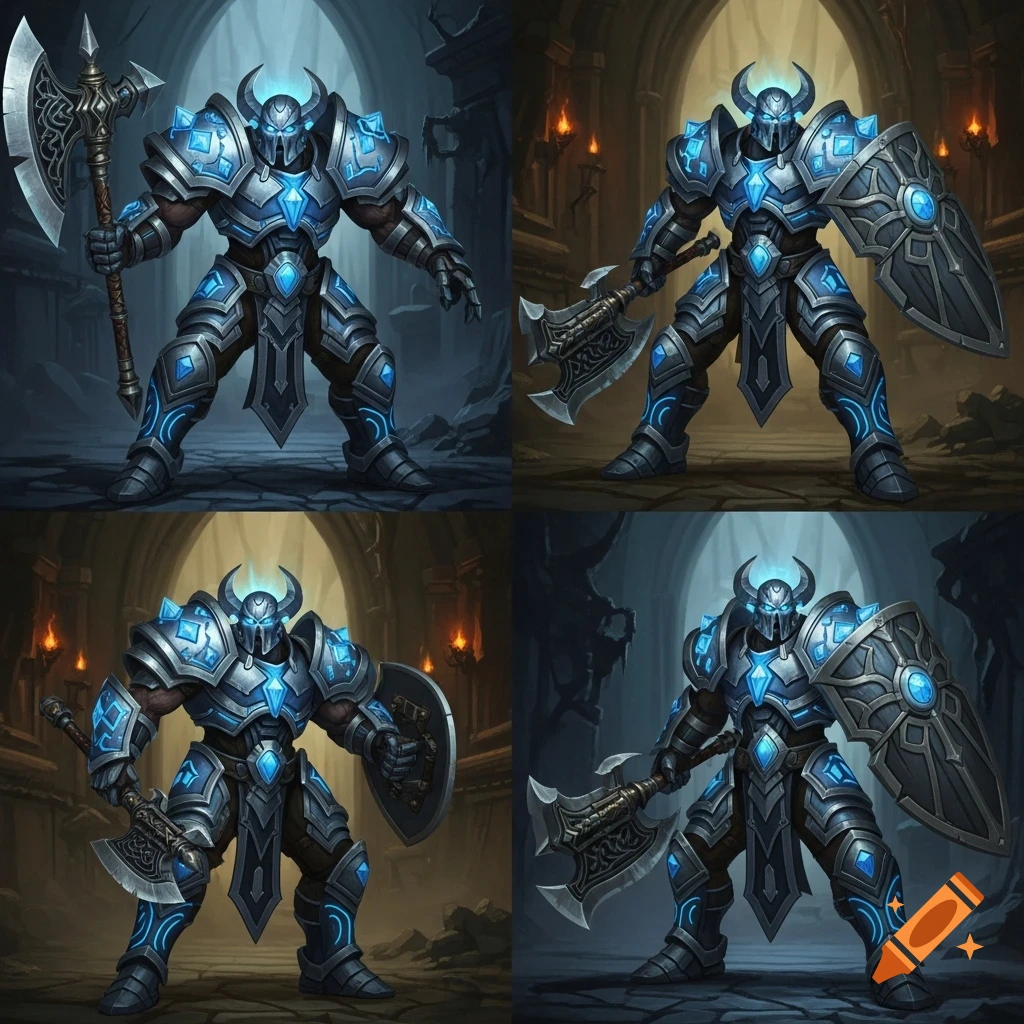 Four detailed fantasy warriors in glowing blue and silver armor, holding axes and shields, rendered in a Diablo 2 game art style against a dark dungeon background.