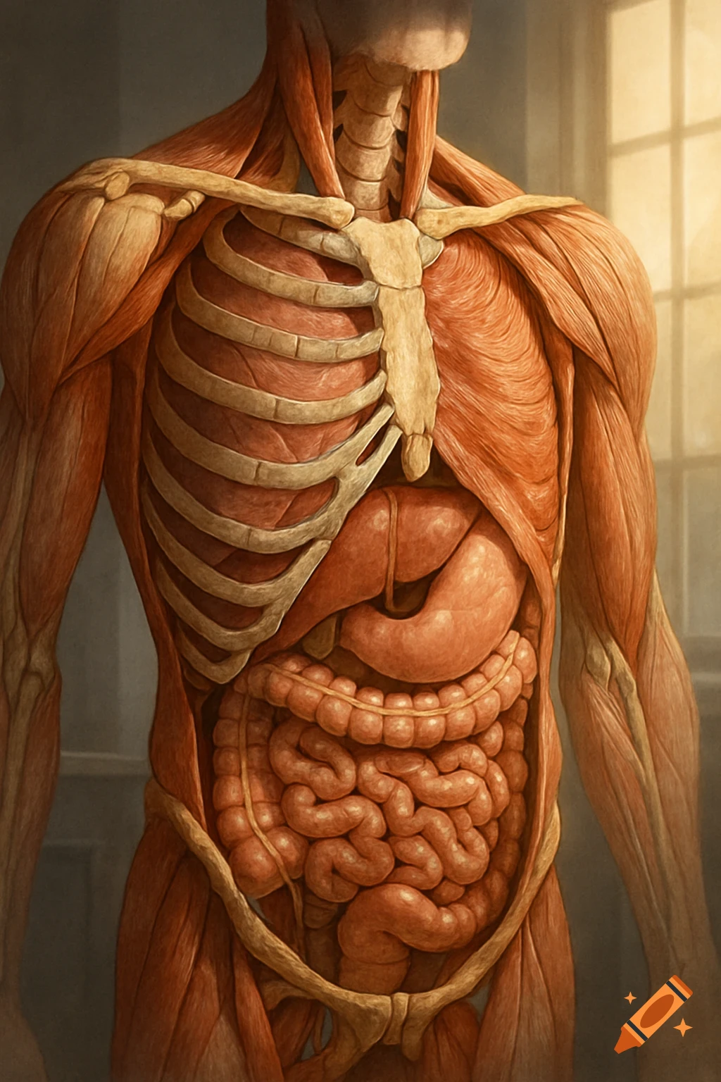 Detailed anatomical illustration of a human torso showing muscles, rib cage, and internal organs.