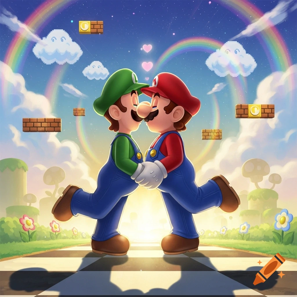 Mario and Luigi kiss while holding hands under a rainbow sky with pixelated clouds, question blocks, and a checkered path.