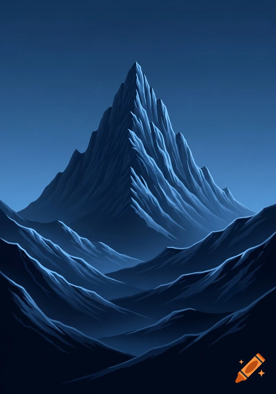 Stylized ultramarine blue mountain range with a prominent peak and valleys against a clear sky.
