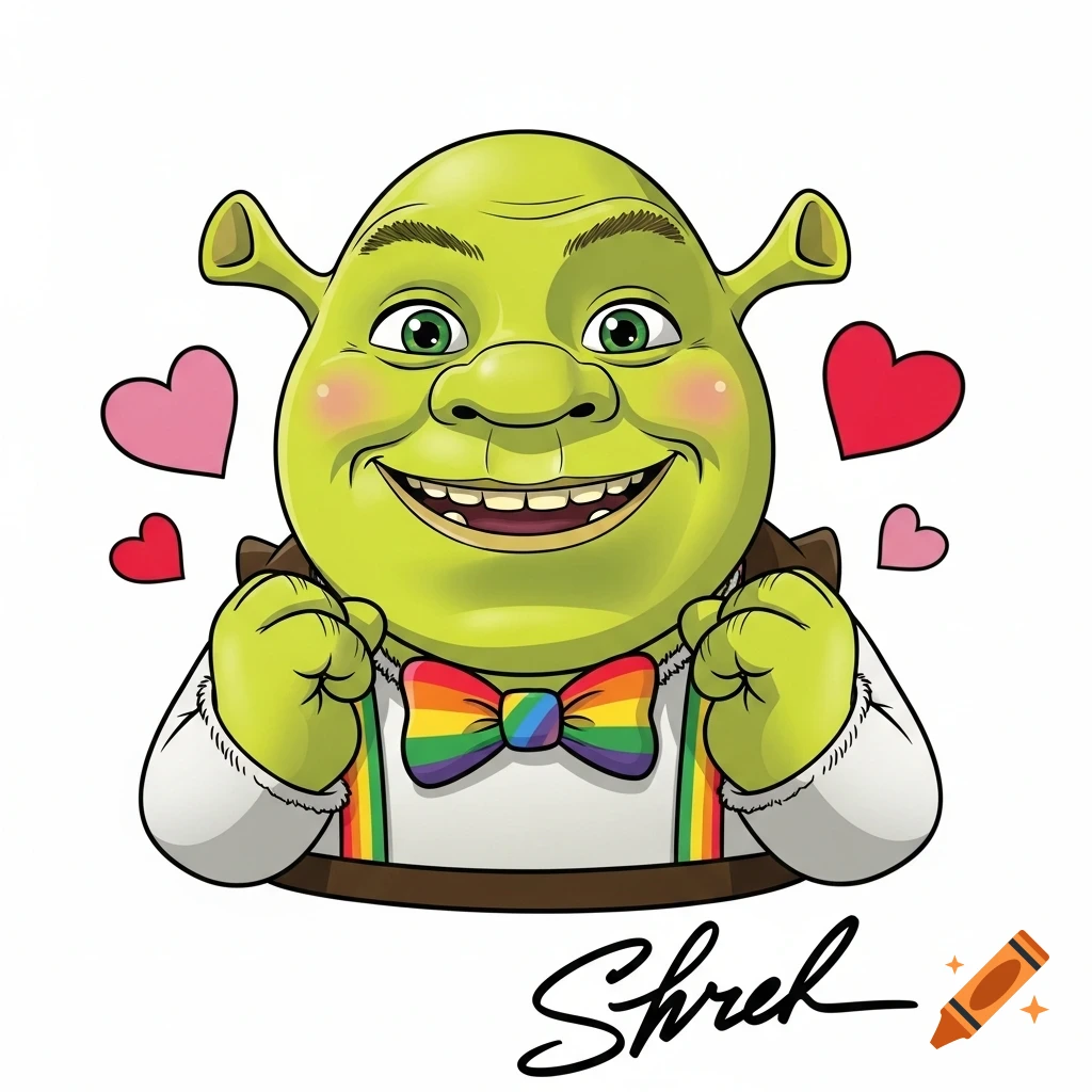 Cartoon Shrek smiling with a rainbow bow tie and suspenders, surrounded by pink and red hearts, with 'Shrek' signed below.