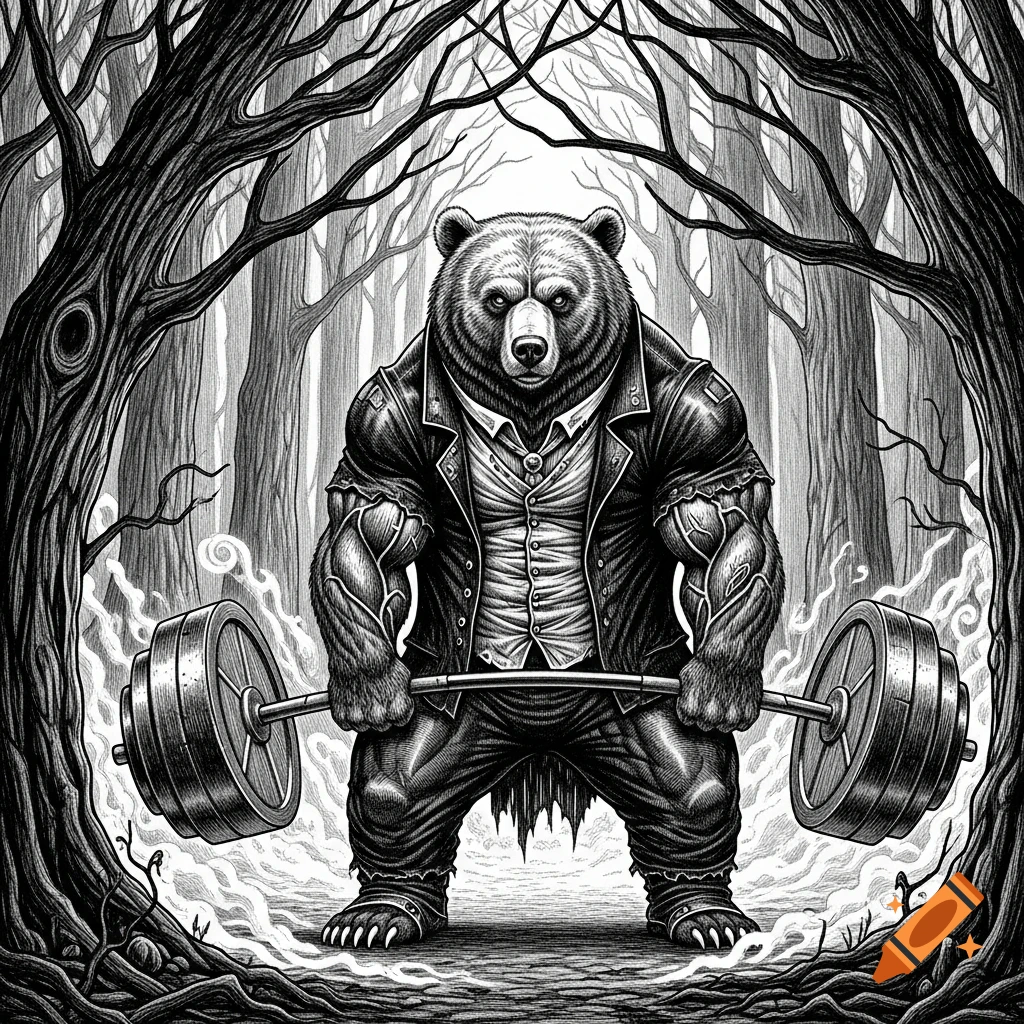 A muscular bear in a jacket and shirt deadlifts a barbell in a dark, twisted forest, rendered in a black and white engraving style.