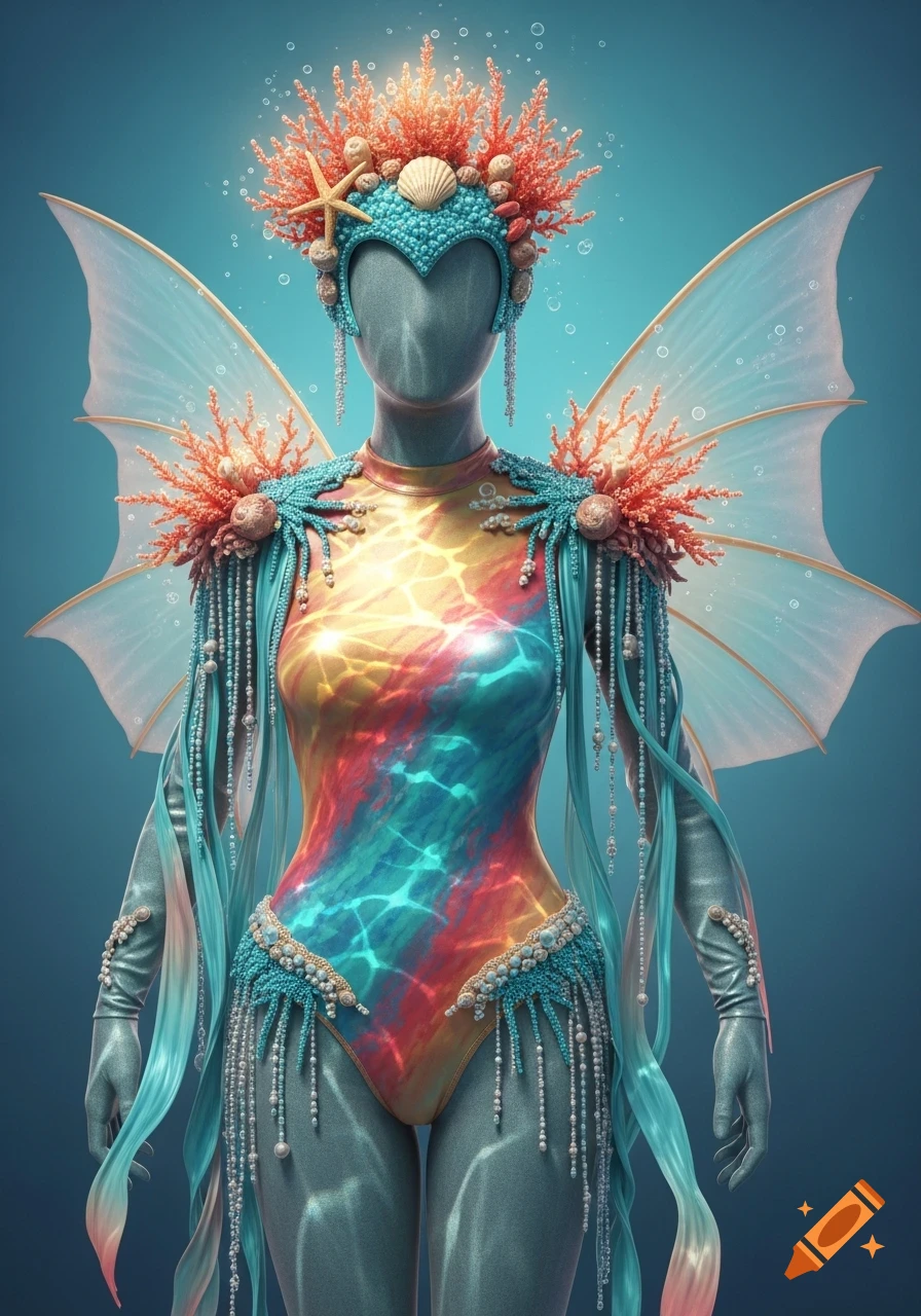 Mannequin in an elaborate, colorful, fish-themed fantasy costume with a coral headpiece, seashell details, and iridescent wings.