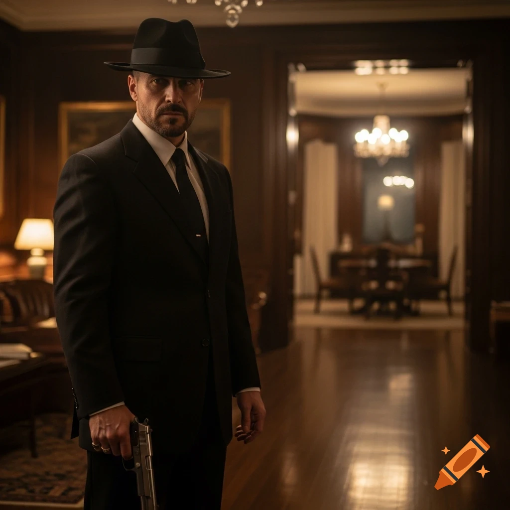 A man in a black suit and fedora holds a pistol, standing in a dimly lit, luxurious room.