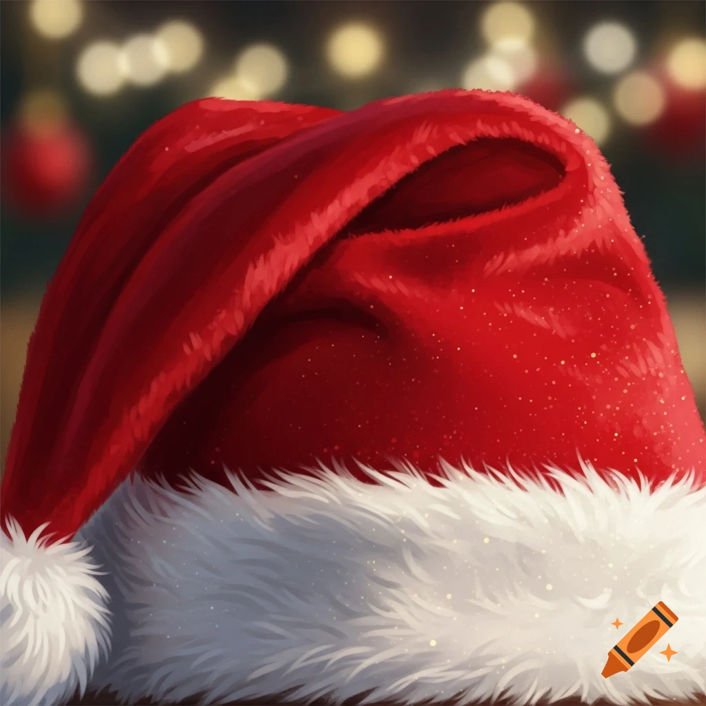 A close-up of a fluffy red Santa hat with white trim and shimmering details, set against a bokeh background of warm lights.
