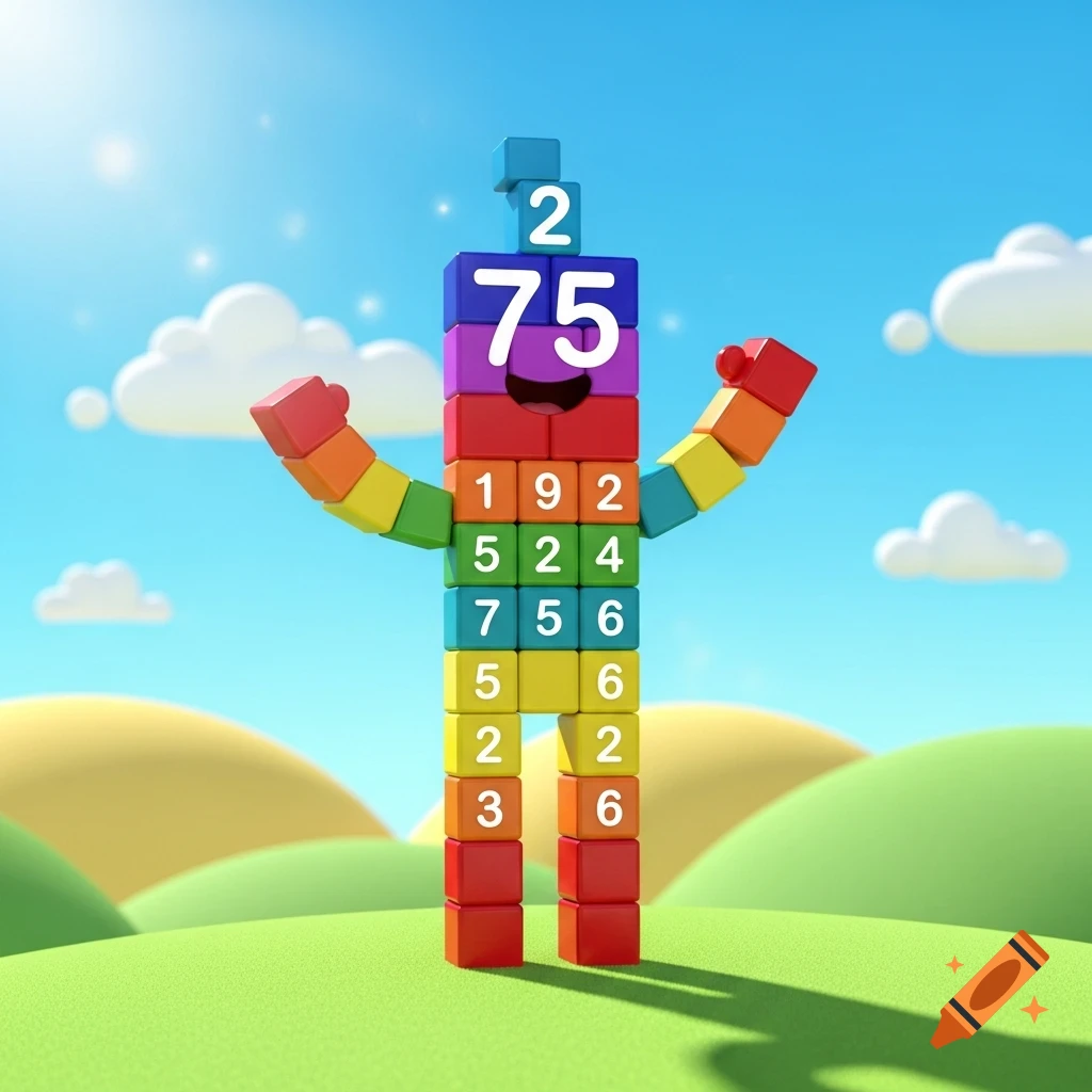 A colorful rainbow Numberblock 75 character made of blocks stands on green hills under a blue sky, arms raised.