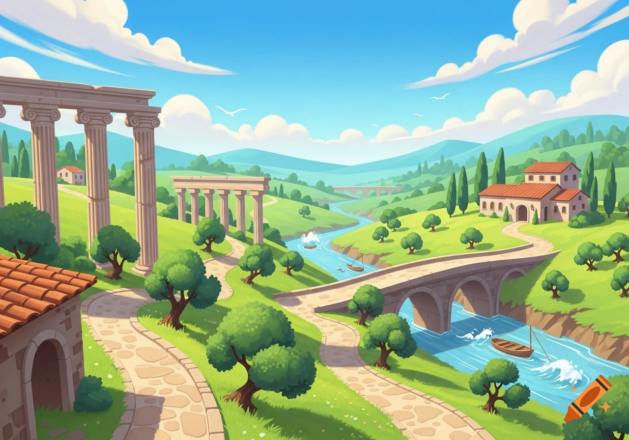 A vibrant cartoon landscape with ancient Roman ruins, a river, a bridge, houses, green hills, and a clear blue sky.
