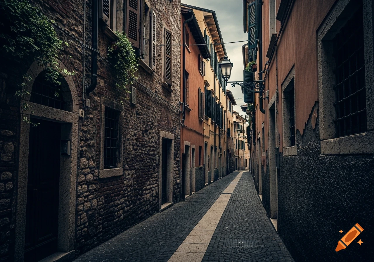 A narrow, dark cobblestone street lined with old stone and stucco buildings with shuttered windows in Verona.