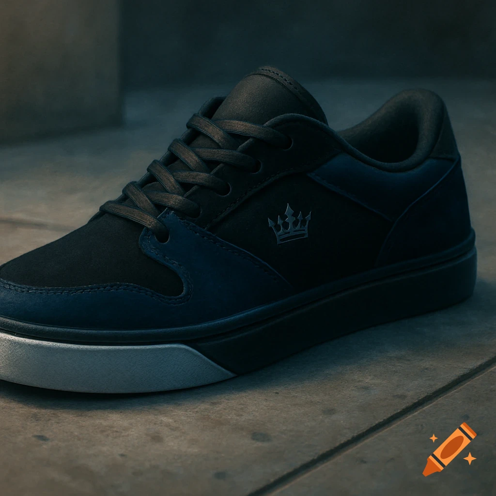 A dark blue and black sneaker with a small silver crown logo on the side, resting on a concrete floor.