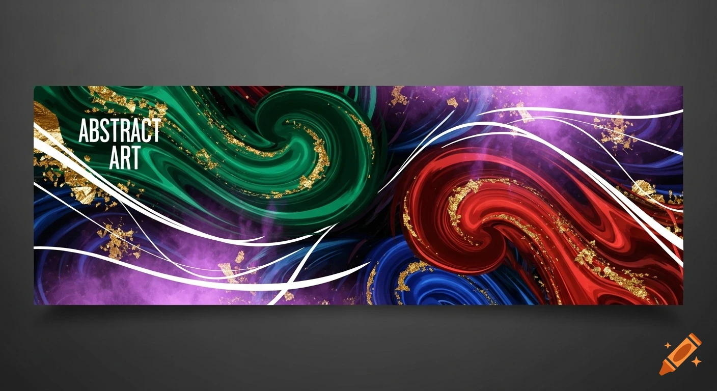 A vibrant abstract art banner featuring swirling patterns in green, red, and blue, with gold flakes, white lines, and 'ABSTRACT ART' text.