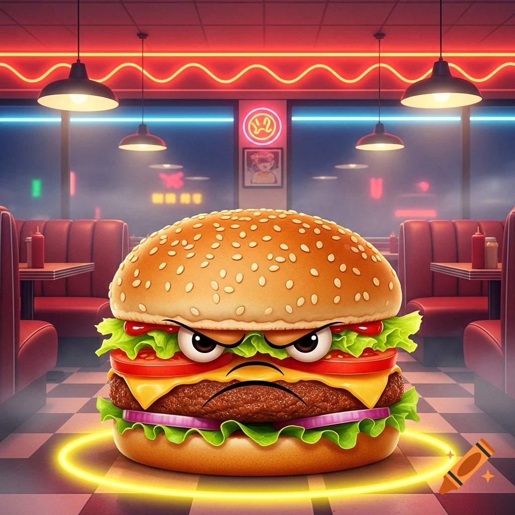 A grumpy cartoon burger with a glowing yellow aura sits in the middle of a retro diner with red booths and neon signs.